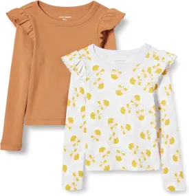 Amazon Essentials Girls and Toddlers' Long Sleeve Ruffle T-Shirt, Pack of 2