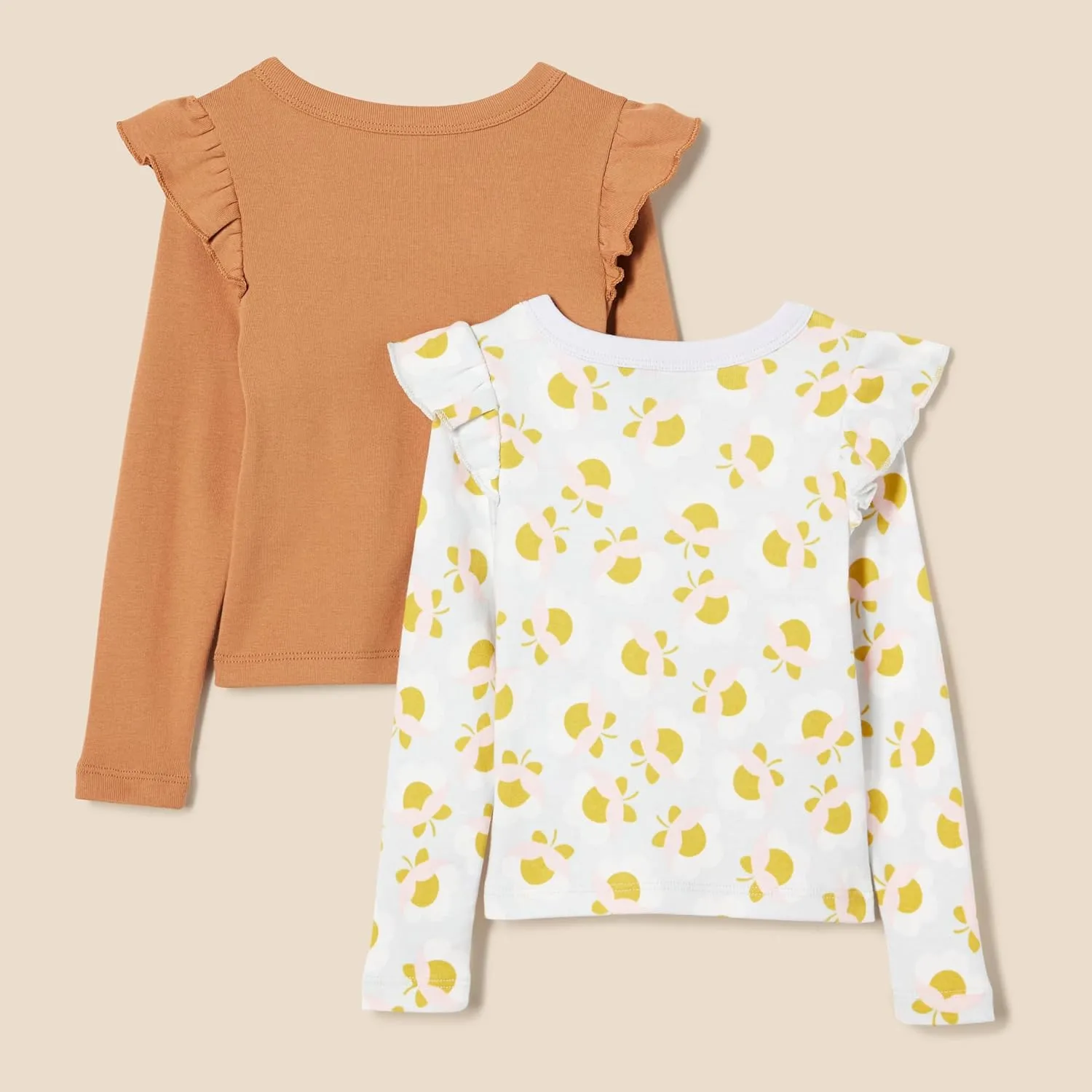 Amazon Essentials Girls and Toddlers' Long Sleeve Ruffle T-Shirt, Pack of 2