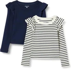 Amazon Essentials Girls and Toddlers' Long Sleeve Ruffle T-Shirt, Pack of 2