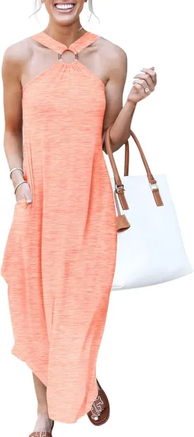 ANRABESS Women Summer Halter Neck Sundress Sleeveless Split Side Casual Beach Travel Vacation Maxi Long Dress with Pockets