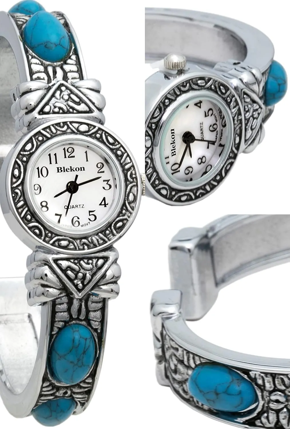 Blekon Stone Studded Watch for Women, 22mm Case Japanese Quartz Movement and Large Cuff Bangle, Best Fits Wrists Measuring 7-8 inches