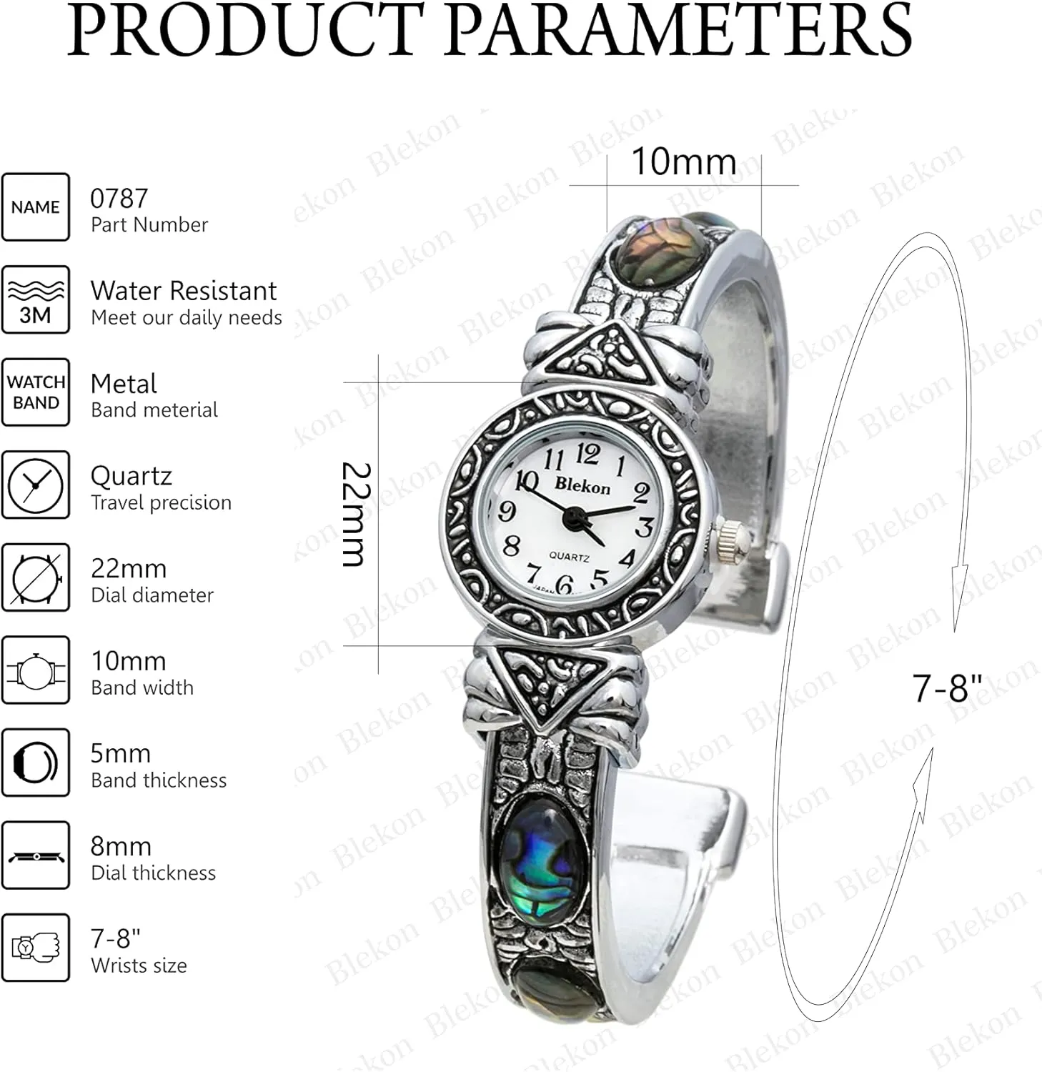 Blekon Stone Studded Watch for Women, 22mm Case Japanese Quartz Movement and Large Cuff Bangle, Best Fits Wrists Measuring 7-8 inches