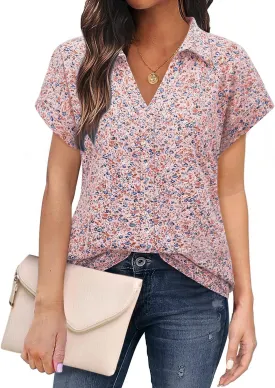 Bulouts Womens Short Sleeve Polo Shirts Collared V Neck Business Casual Tops and Blouses