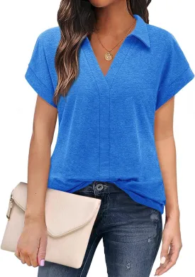 Bulouts Womens Short Sleeve Polo Shirts Collared V Neck Business Casual Tops and Blouses