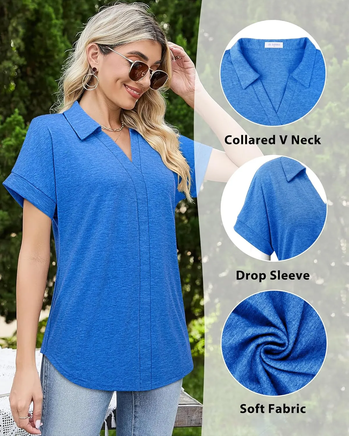 Bulouts Womens Short Sleeve Polo Shirts Collared V Neck Business Casual Tops and Blouses