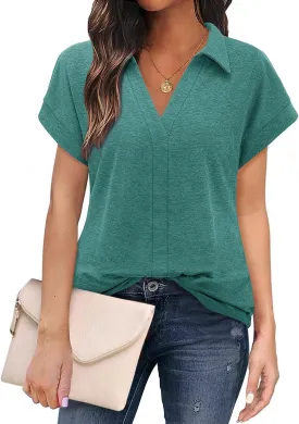 Bulouts Womens Short Sleeve Polo Shirts Collared V Neck Business Casual Tops and Blouses