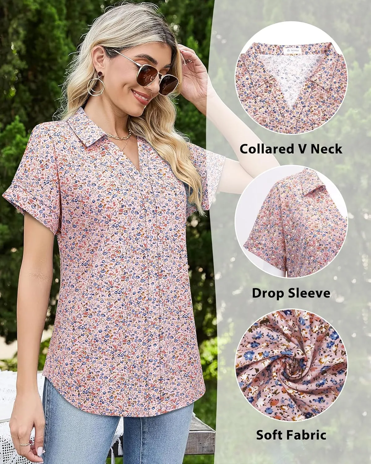Bulouts Womens Short Sleeve Polo Shirts Collared V Neck Business Casual Tops and Blouses