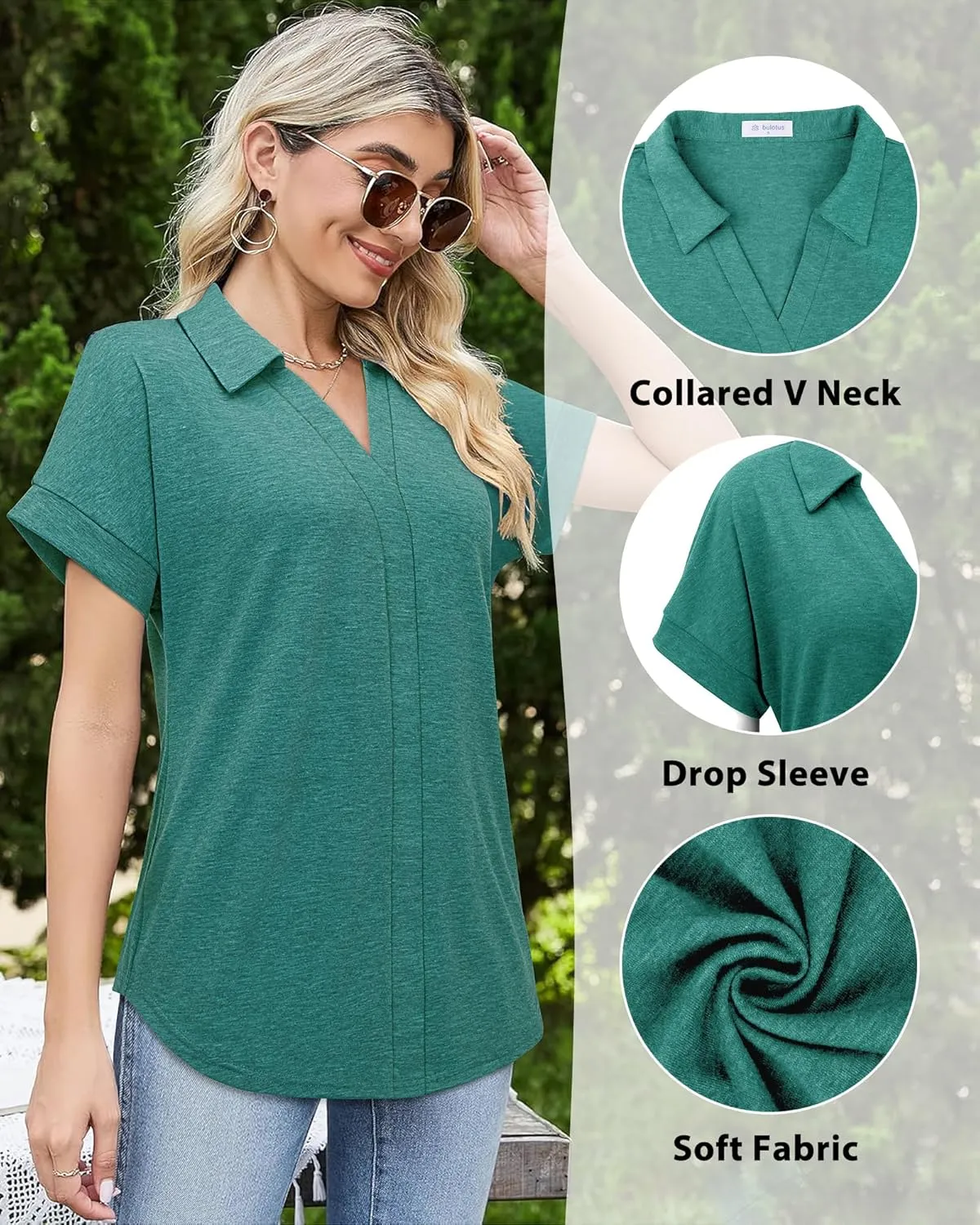 Bulouts Womens Short Sleeve Polo Shirts Collared V Neck Business Casual Tops and Blouses