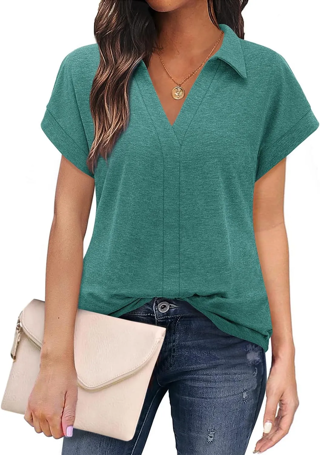Bulouts Womens Short Sleeve Polo Shirts Collared V Neck Business Casual Tops and Blouses