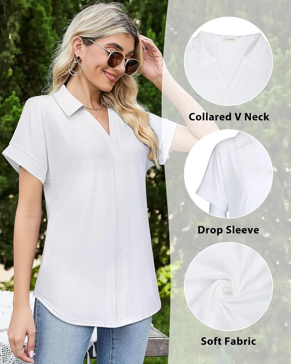 Bulouts Womens Short Sleeve Polo Shirts Collared V Neck Business Casual Tops and Blouses