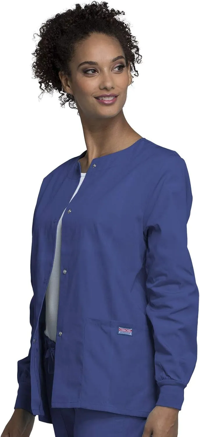 Cherokee scrubs jacket for women, Snap Front Warm-Up Jacket with 3 Pockets and Easy Care - 4350
