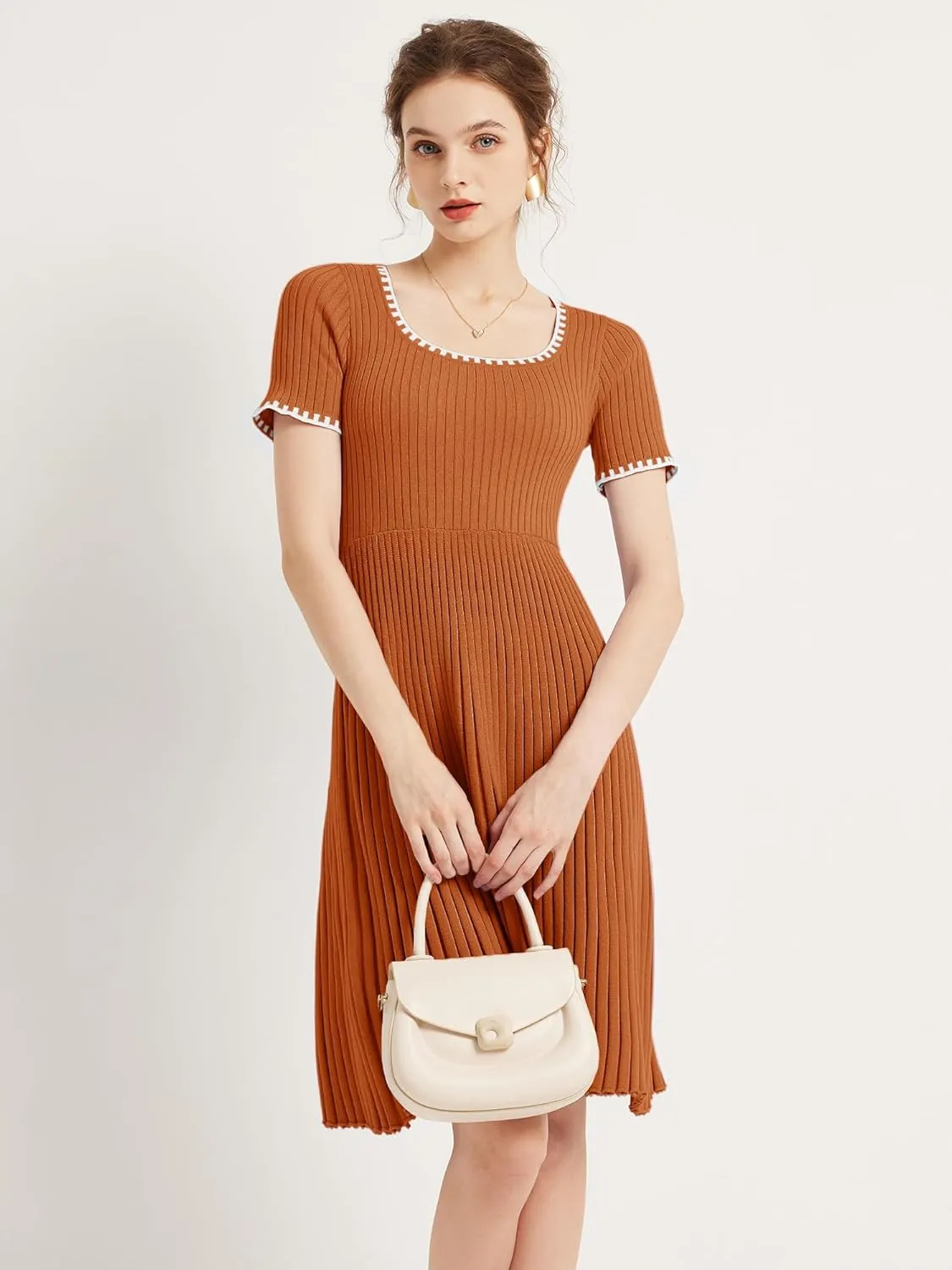 Chulianyouhuo Women's Ribbed Square Neck Pleated Mini Dress Color Block Short Sleeve Dress A Line Knit Short Sweater