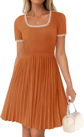 Chulianyouhuo Women's Ribbed Square Neck Pleated Mini Dress Color Block Short Sleeve Dress A Line Knit Short Sweater