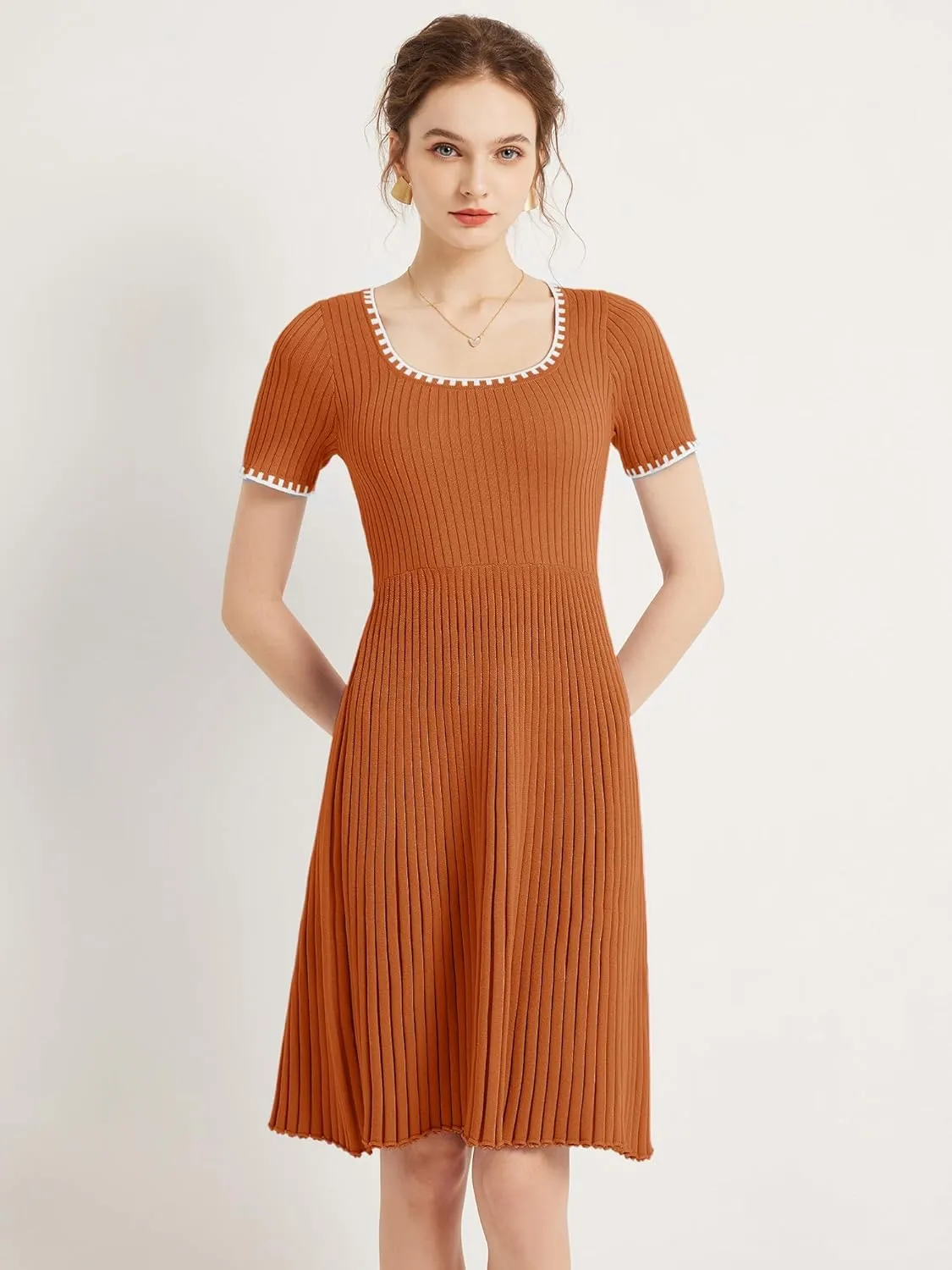 Chulianyouhuo Women's Ribbed Square Neck Pleated Mini Dress Color Block Short Sleeve Dress A Line Knit Short Sweater
