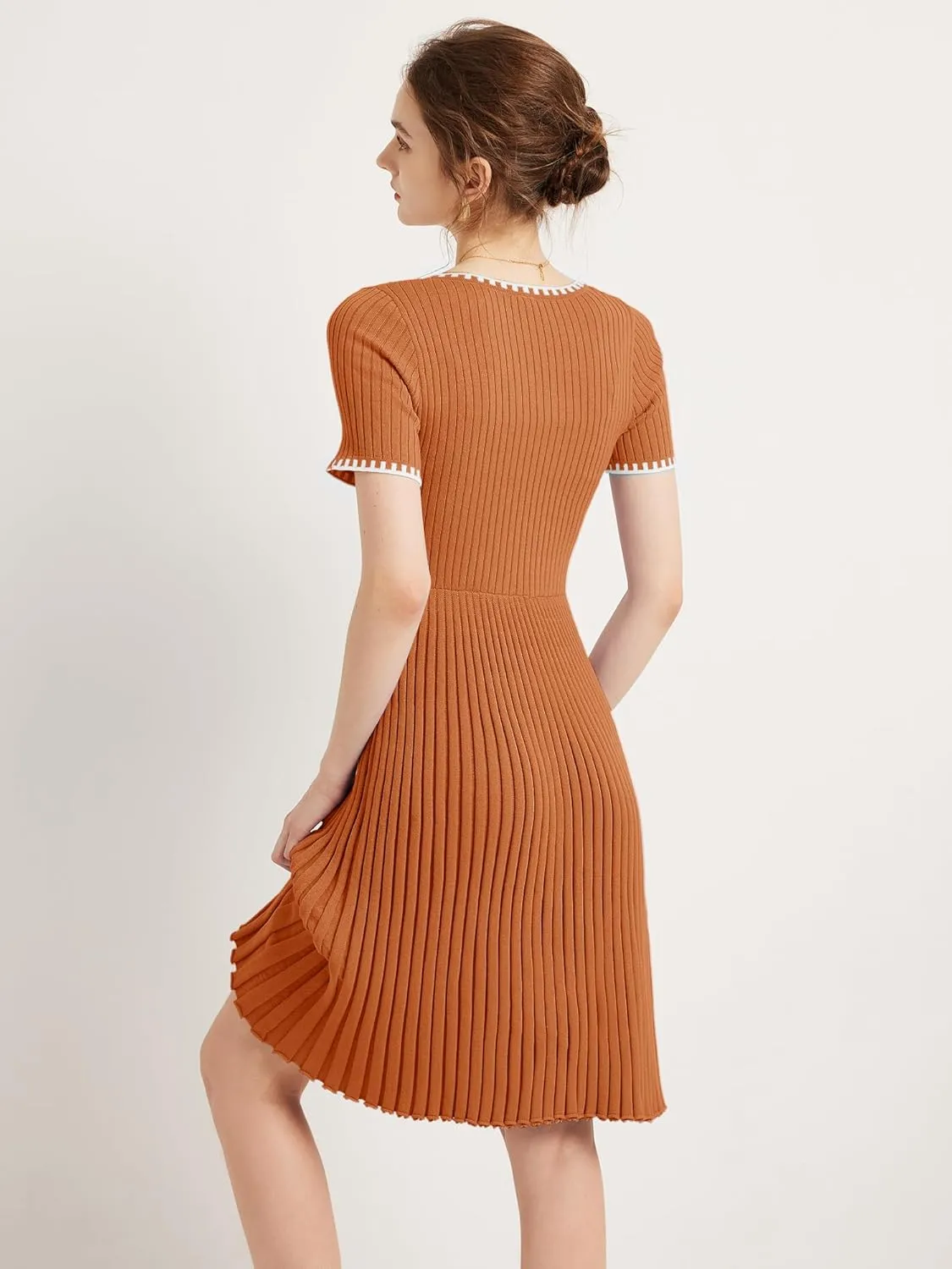 Chulianyouhuo Women's Ribbed Square Neck Pleated Mini Dress Color Block Short Sleeve Dress A Line Knit Short Sweater