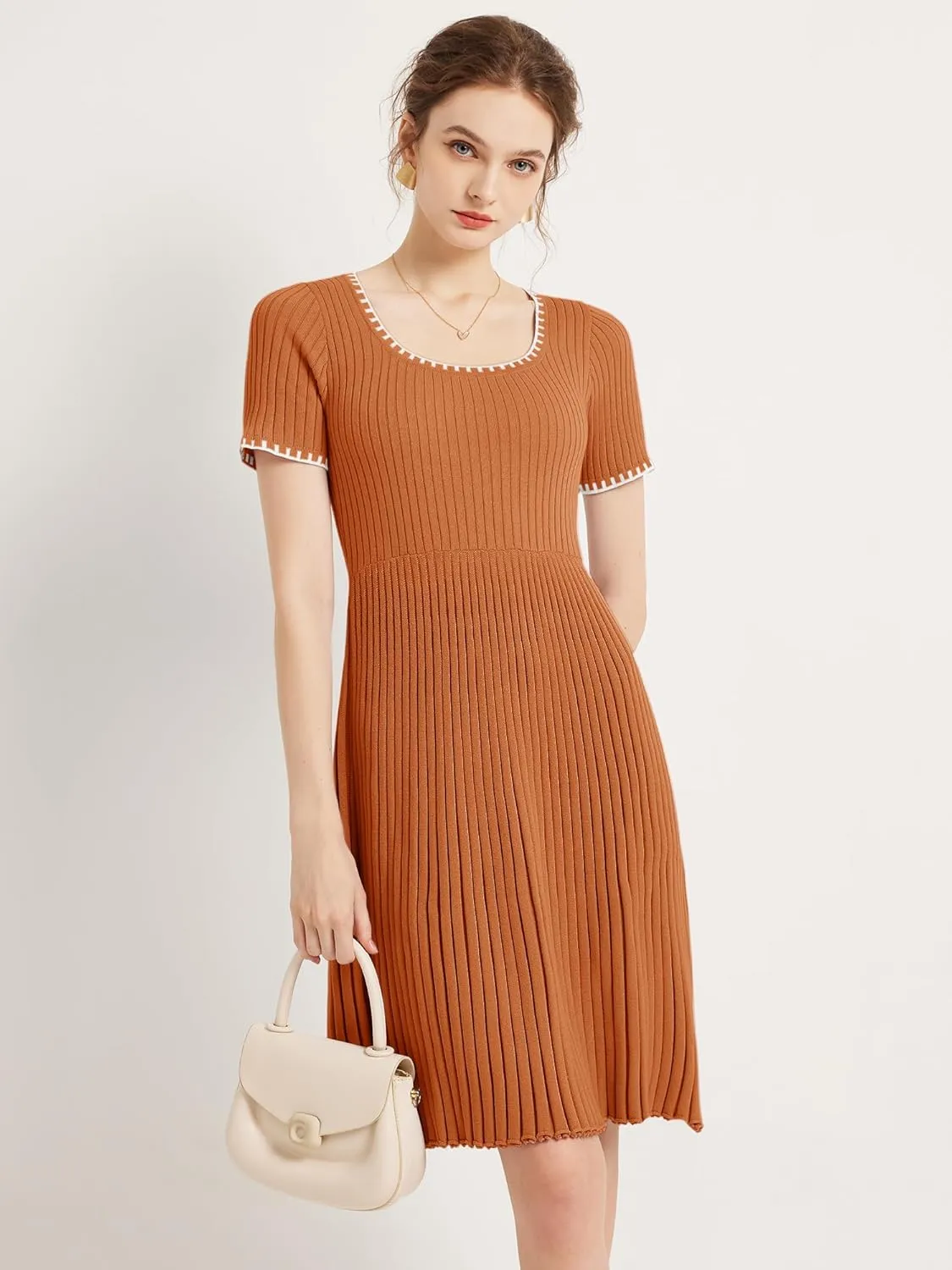 Chulianyouhuo Women's Ribbed Square Neck Pleated Mini Dress Color Block Short Sleeve Dress A Line Knit Short Sweater