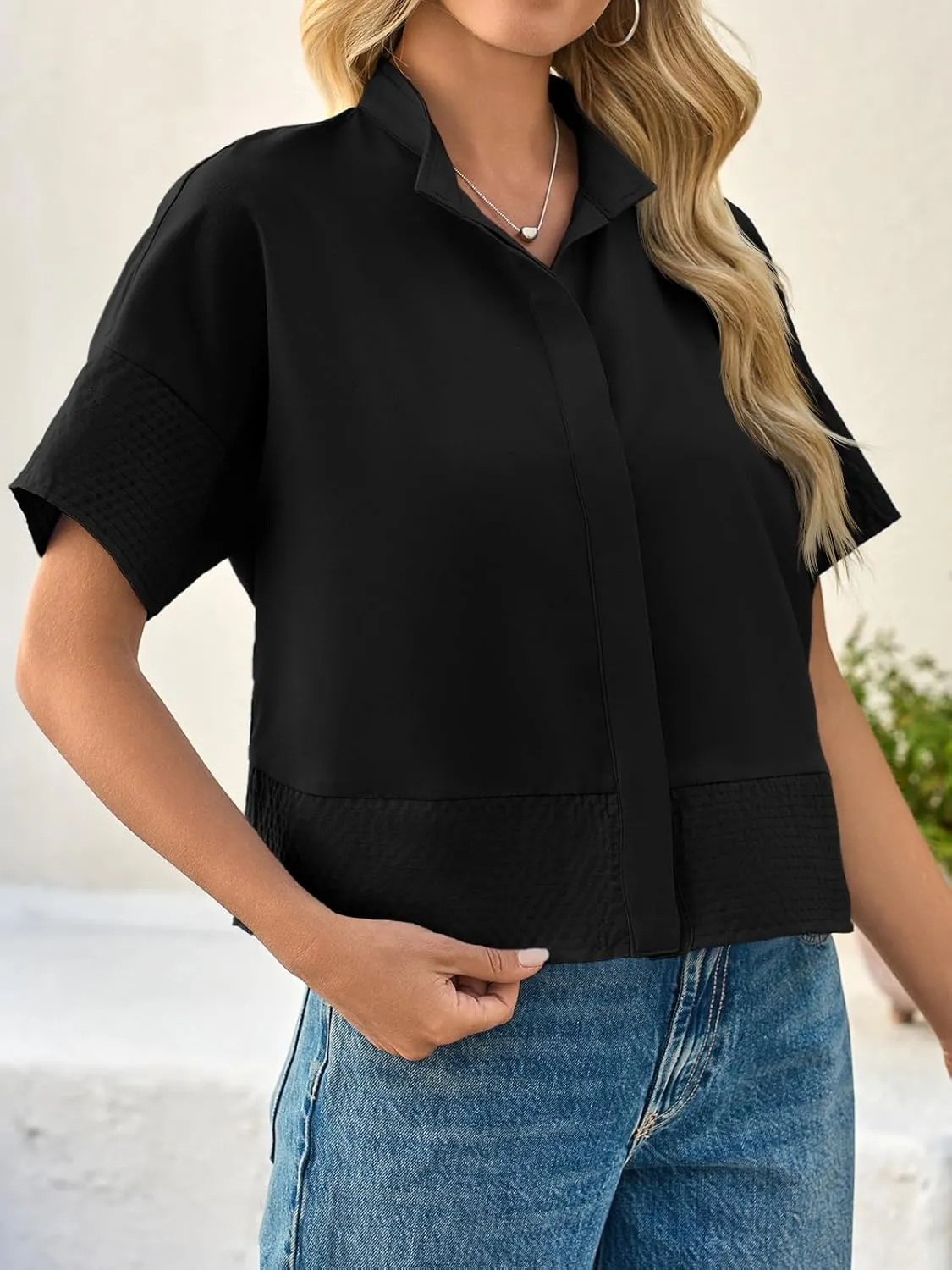 Cicy Bell Womens Cropped Short Sleeve Button Down Shirts Pleated Summer Dressy Casual Blouse Stand Collar Loose Fit Tops