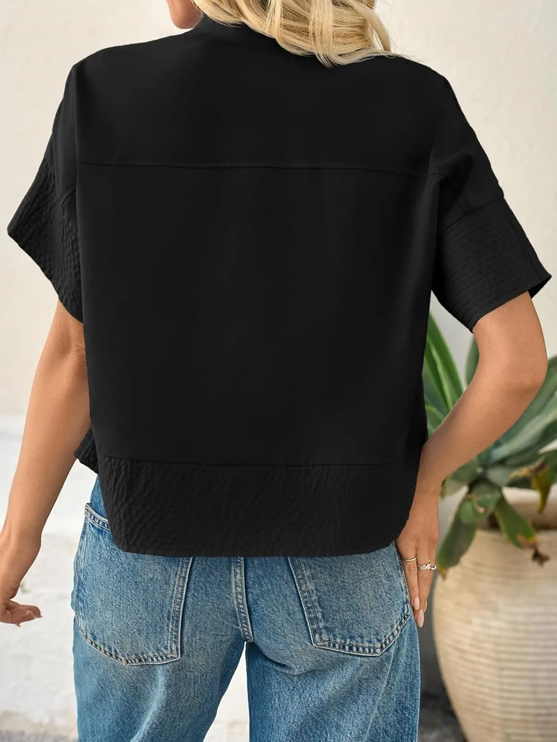 Cicy Bell Womens Cropped Short Sleeve Button Down Shirts Pleated Summer Dressy Casual Blouse Stand Collar Loose Fit Tops