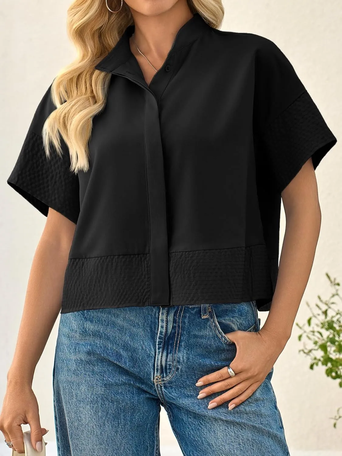 Cicy Bell Womens Cropped Short Sleeve Button Down Shirts Pleated Summer Dressy Casual Blouse Stand Collar Loose Fit Tops