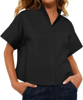 Cicy Bell Womens Cropped Short Sleeve Button Down Shirts Pleated Summer Dressy Casual Blouse Stand Collar Loose Fit Tops