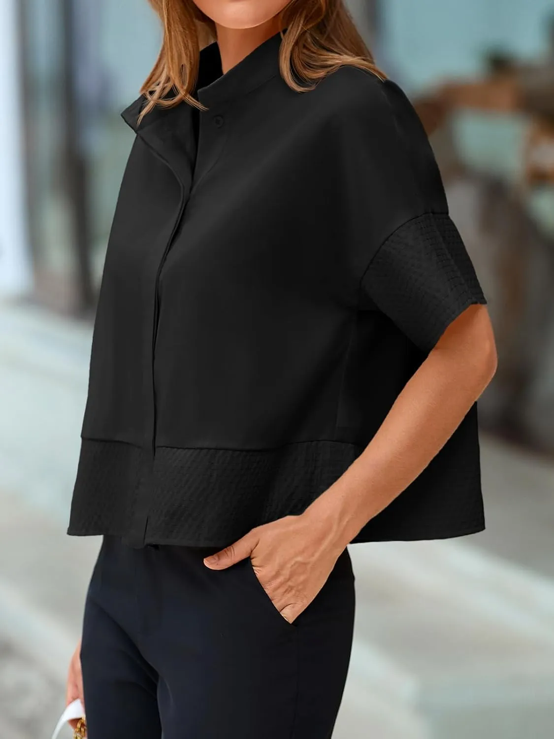 Cicy Bell Womens Cropped Short Sleeve Button Down Shirts Pleated Summer Dressy Casual Blouse Stand Collar Loose Fit Tops