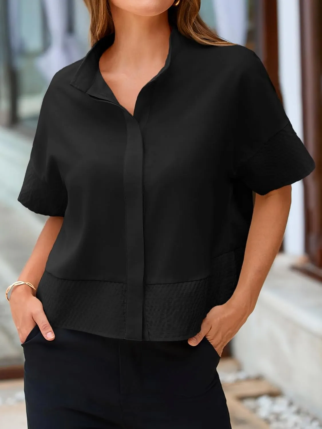Cicy Bell Womens Cropped Short Sleeve Button Down Shirts Pleated Summer Dressy Casual Blouse Stand Collar Loose Fit Tops