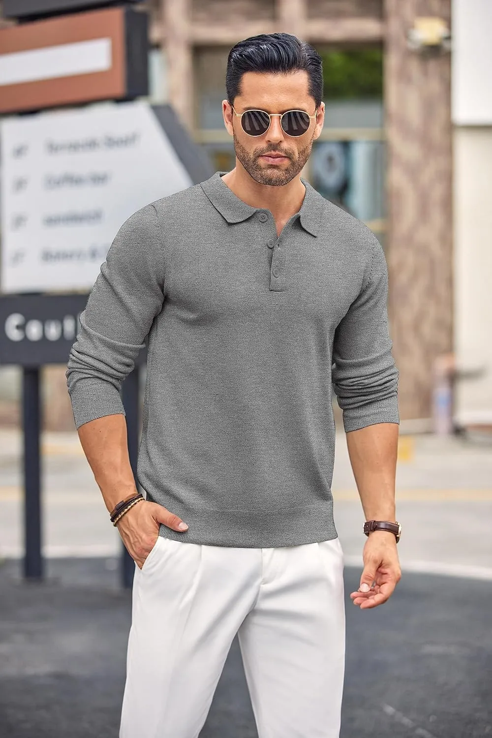 COOFANDY Mens Knit Polo Shirts Casual Long Sleeve Classic Polo Shirts Button Down Golf Shirts