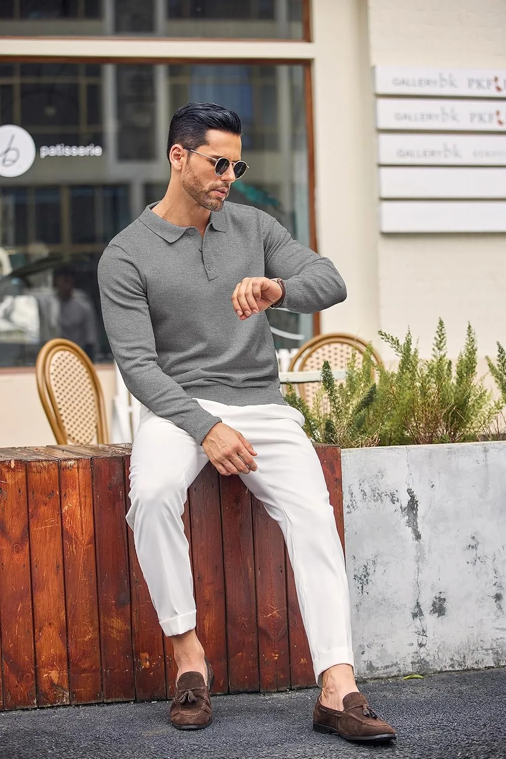 COOFANDY Mens Knit Polo Shirts Casual Long Sleeve Classic Polo Shirts Button Down Golf Shirts