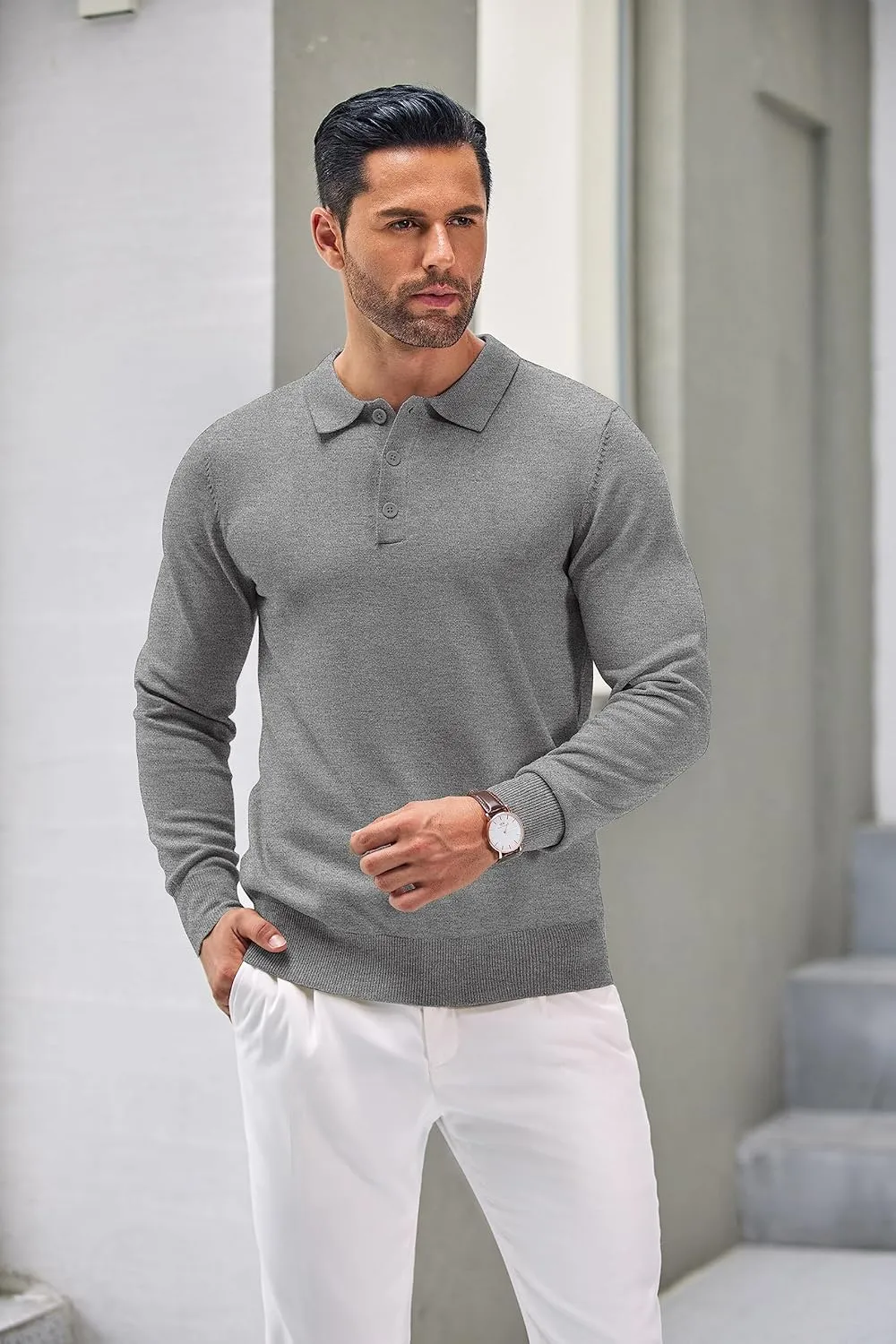 COOFANDY Mens Knit Polo Shirts Casual Long Sleeve Classic Polo Shirts Button Down Golf Shirts