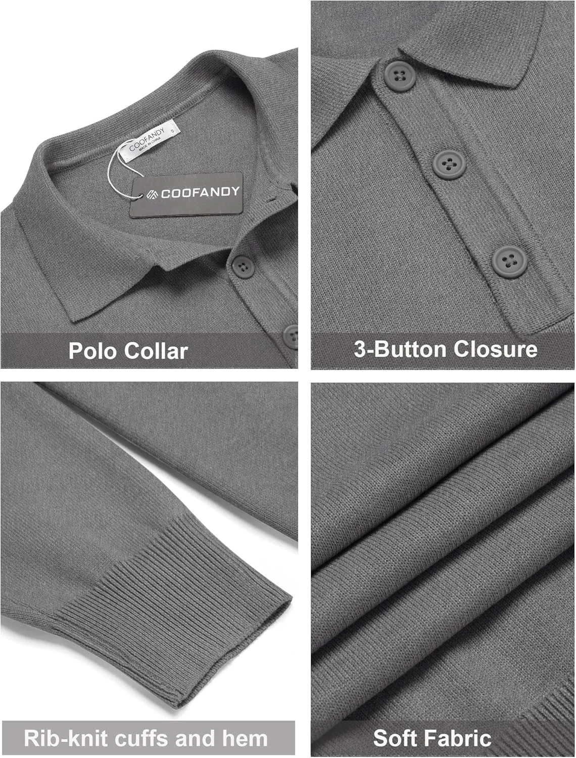 COOFANDY Mens Knit Polo Shirts Casual Long Sleeve Classic Polo Shirts Button Down Golf Shirts