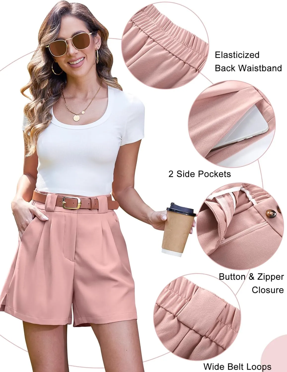 COZYPOIN Dressy Shorts for Women Casual Summer Elastic High Waisted Wide Leg Pleated Work Trouser Short with Pockets