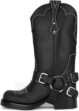 DOEYG Women's Banana Knee High Boots Square Toe Chunky Block Heel Tall Boots Wide Calf Fashion Comfortable Casual Pull on Long Boots