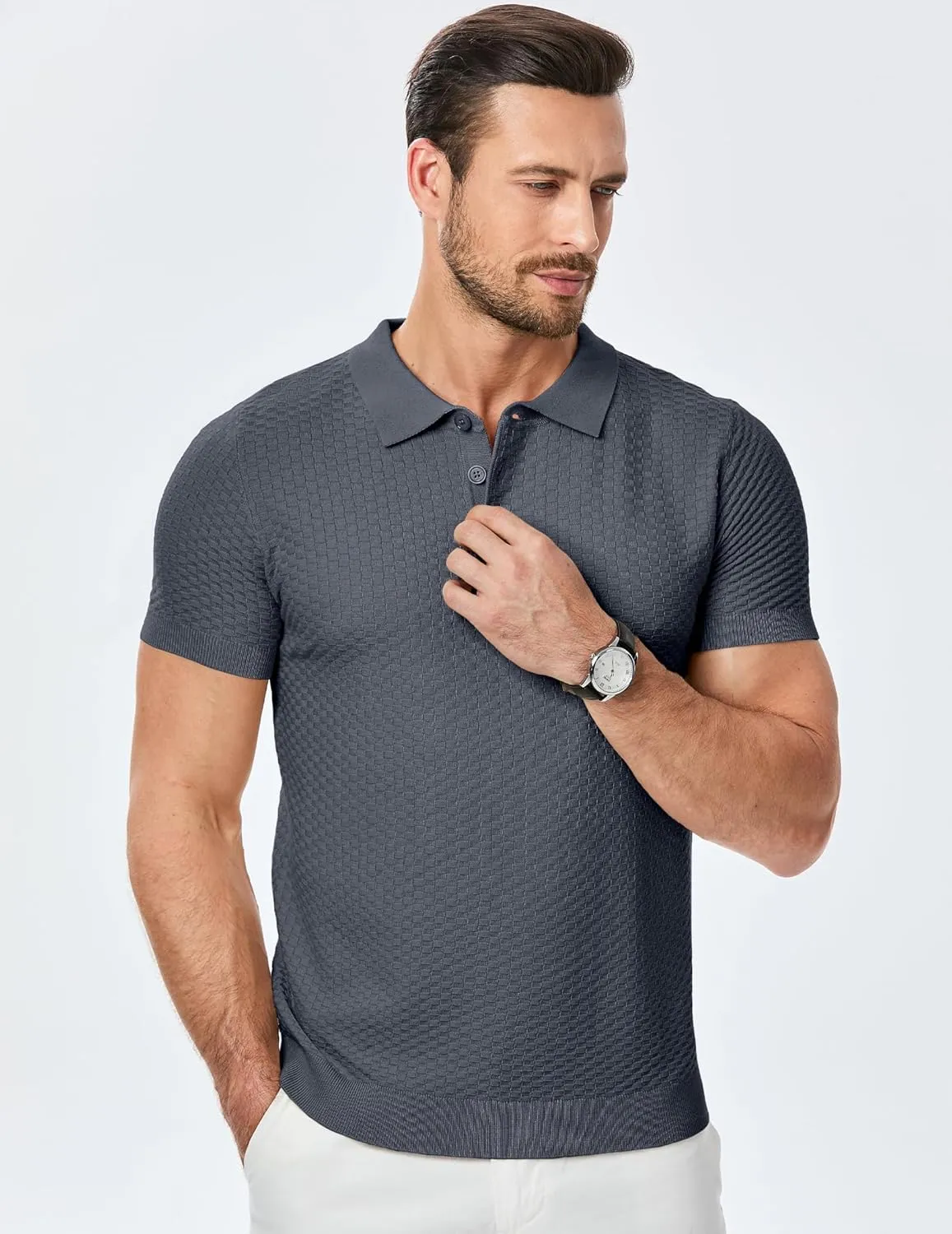 JMIERR Mens Knit Polo Shirts Classic Button Basic Textured T Shirts Casual Slim Fit Short Sleeve Summer Golf Tee Shirt