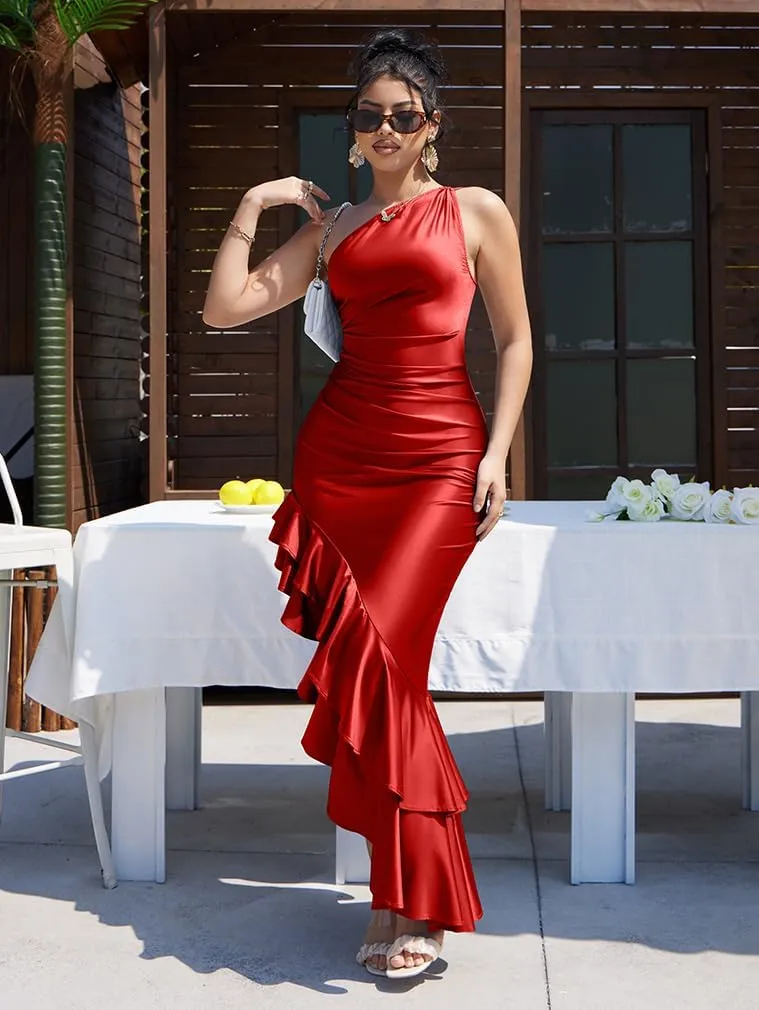 LAGSHIAN Women's Elegant One Shoulder Ruched Asymmetric Ruffle Satin Cocktail Party Maxi Dress