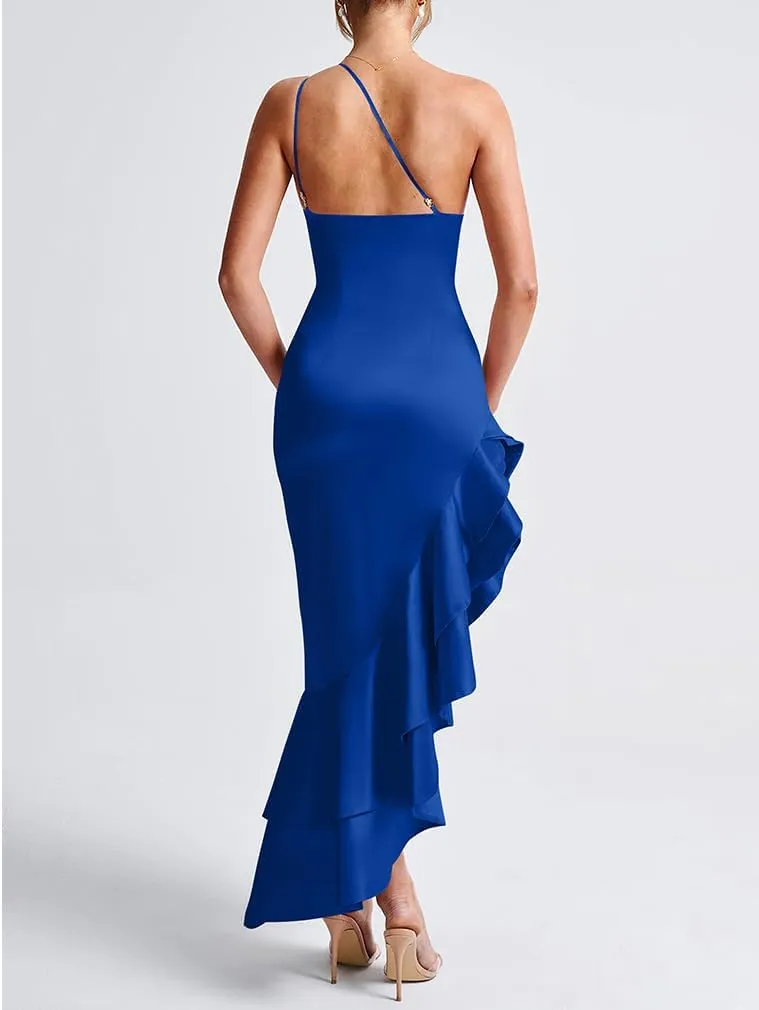 LAGSHIAN Women's Elegant One Shoulder Ruched Asymmetric Ruffle Satin Cocktail Party Maxi Dress