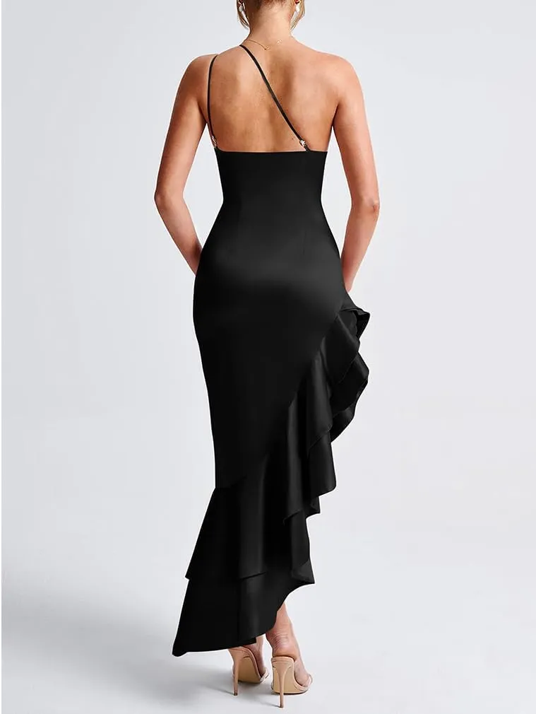 LAGSHIAN Women's Elegant One Shoulder Ruched Asymmetric Ruffle Satin Cocktail Party Maxi Dress