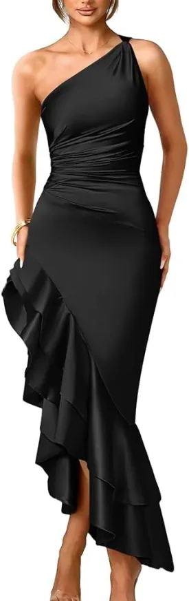 LAGSHIAN Women's Elegant One Shoulder Ruched Asymmetric Ruffle Satin Cocktail Party Maxi Dress