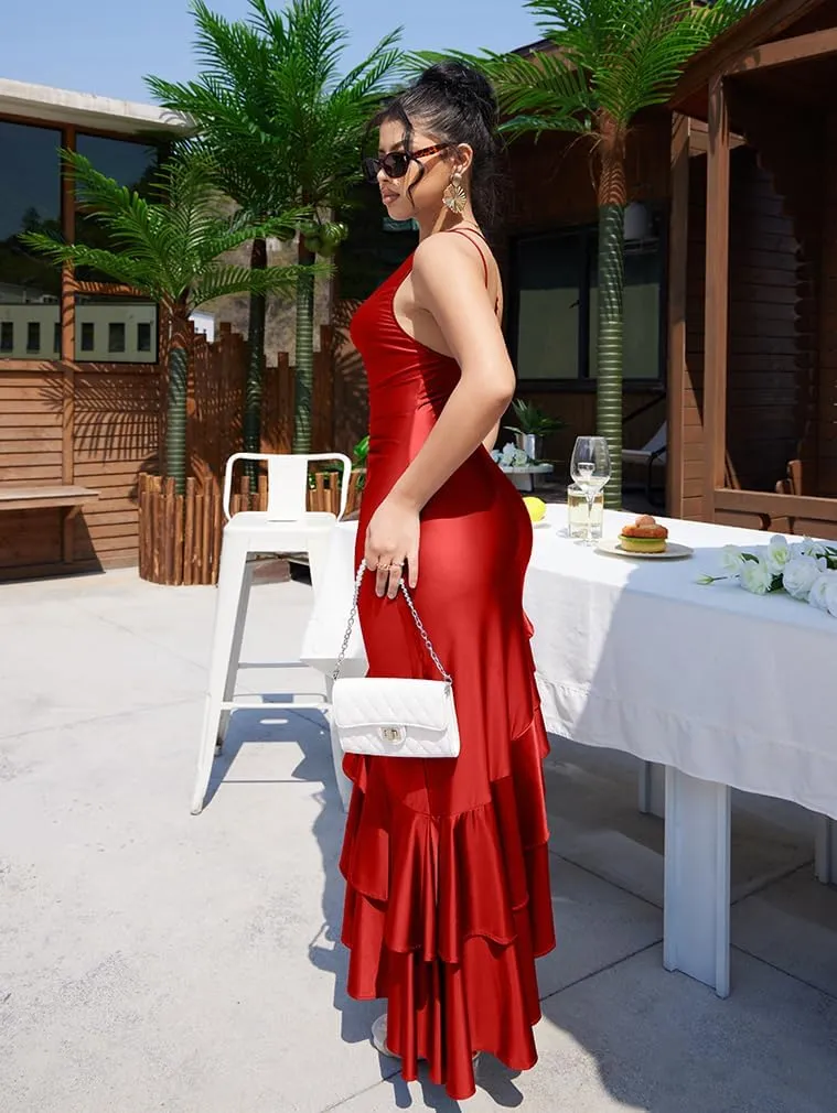 LAGSHIAN Women's Elegant One Shoulder Ruched Asymmetric Ruffle Satin Cocktail Party Maxi Dress
