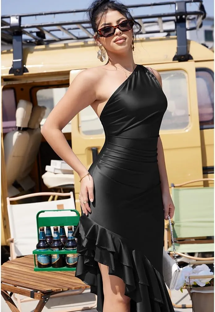 LAGSHIAN Women's Elegant One Shoulder Ruched Asymmetric Ruffle Satin Cocktail Party Maxi Dress