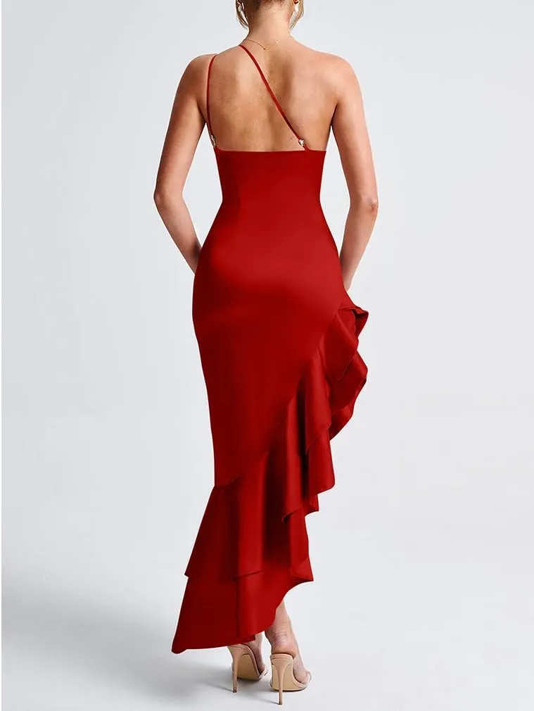 LAGSHIAN Women's Elegant One Shoulder Ruched Asymmetric Ruffle Satin Cocktail Party Maxi Dress