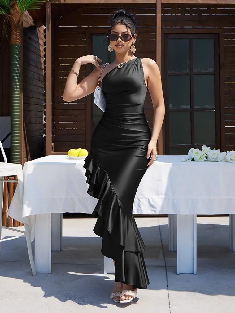 LAGSHIAN Women's Elegant One Shoulder Ruched Asymmetric Ruffle Satin Cocktail Party Maxi Dress