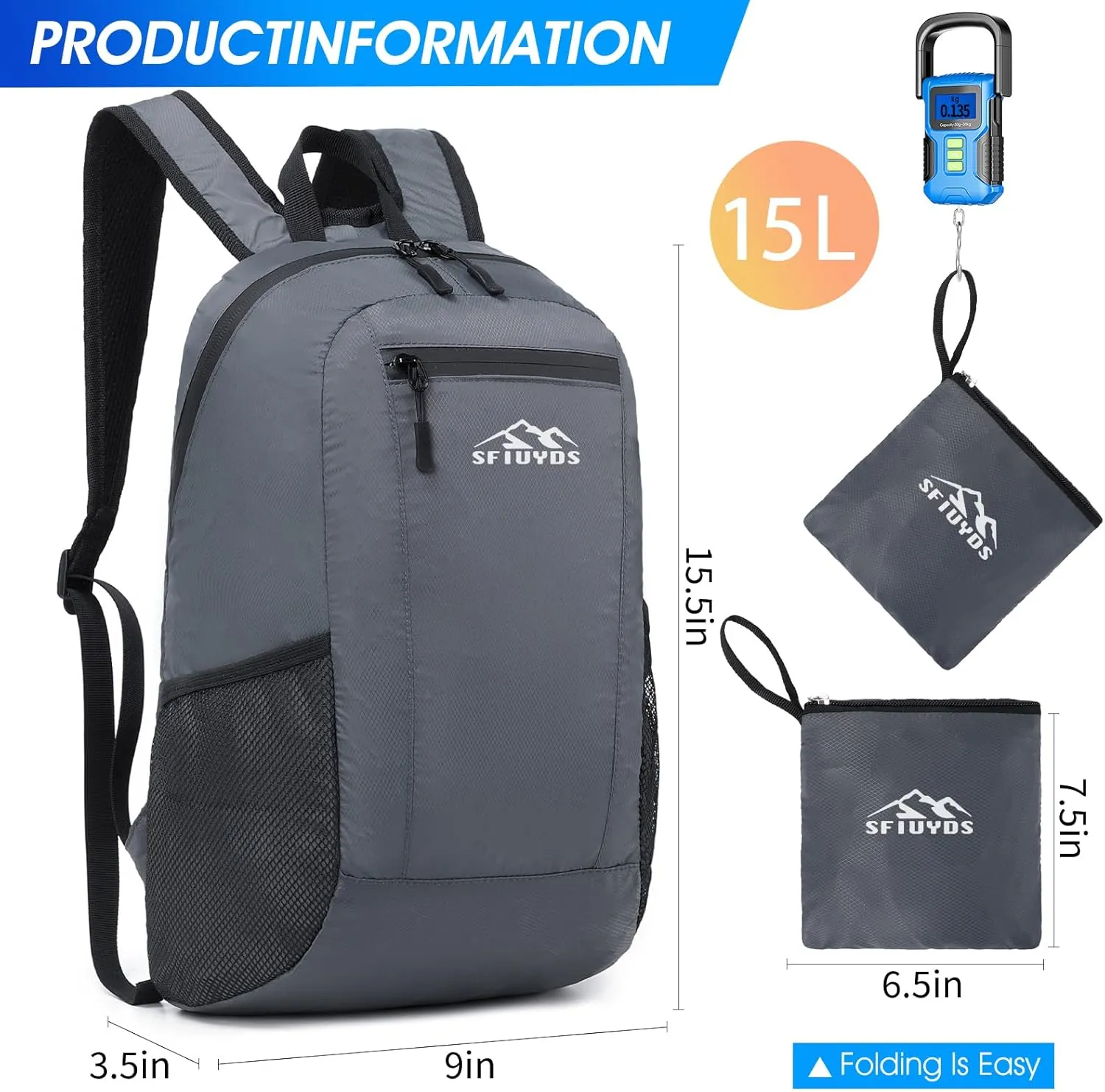 Lightweight Hiking Backpack,15L Small Travel Daypack for Camping, Hiking & Daily Use（Grey）