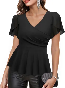 Lotusmile Womens Peplum Tops Dressy Casual Petal Sleeve Mesh Elegant Wrap Blouses for Women Work Night Out Party