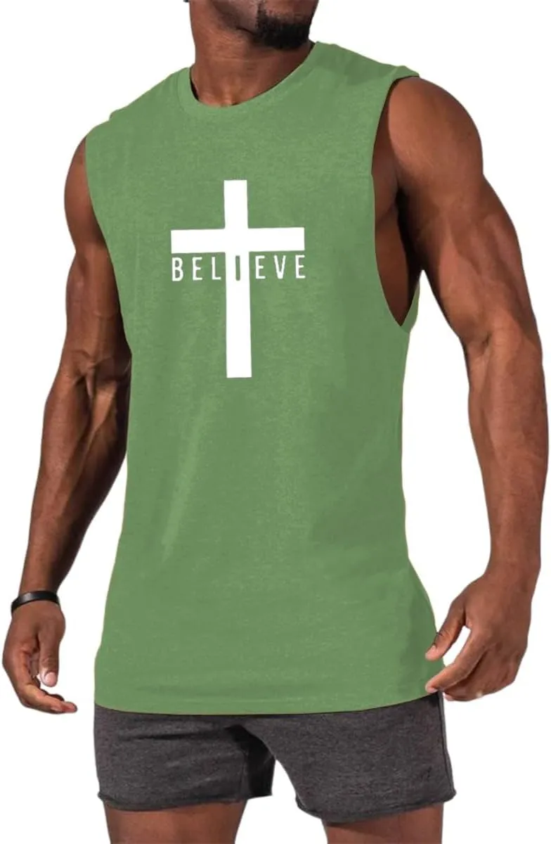 Men's Cotton Graphic Tank Tops Jesus Cross Believe Printed Faith Christian Shirts