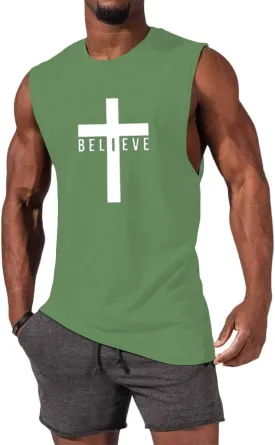Men's Cotton Graphic Tank Tops Jesus Cross Believe Printed Faith Christian Shirts