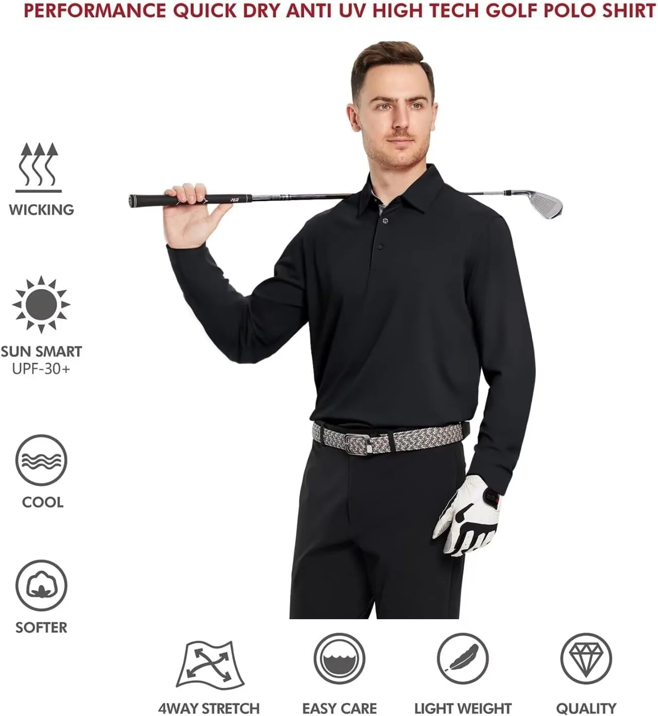 Mens Golf Shirt Short and Long Sleeve Moisture Wicking Dry Fit Performance Solid Casual Pique Golf Polo Shirts for Men