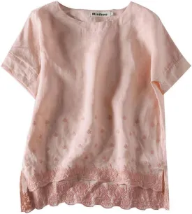 Minibee Women's Summer Linen Tunic Shirt High Low Hem Embroidery Blouse Top