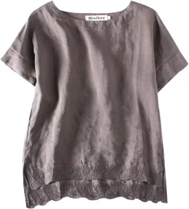 Minibee Women's Summer Linen Tunic Shirt High Low Hem Embroidery Blouse Top