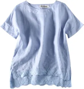 Minibee Women's Summer Linen Tunic Shirt High Low Hem Embroidery Blouse Top