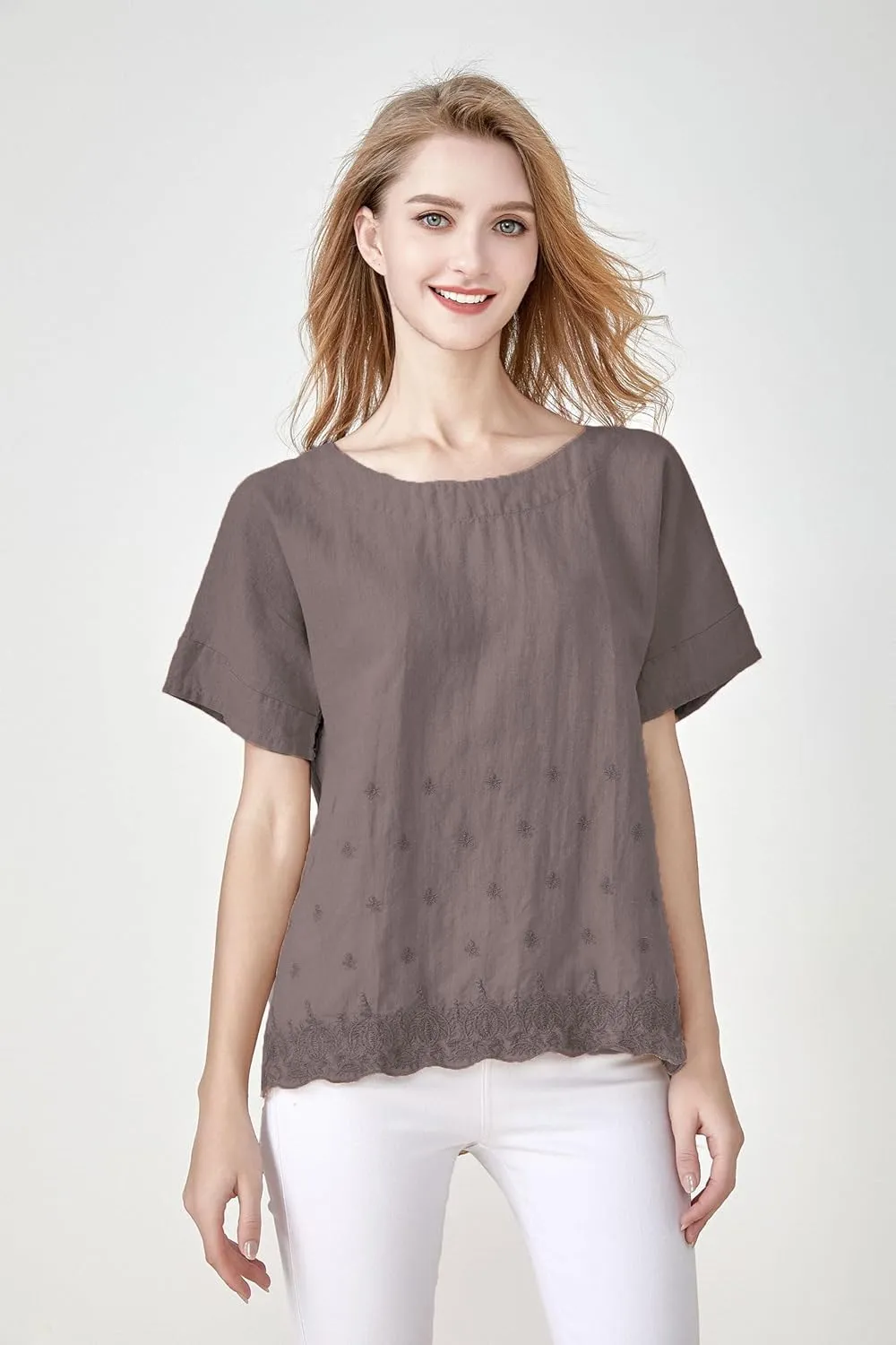 Minibee Women's Summer Linen Tunic Shirt High Low Hem Embroidery Blouse Top